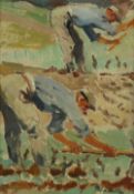 PIERRE ADOLPHE VALETTE (1876 - 1942) OIL PAINTING ON BOARD `Two Vineyard Workers` Signed 6 1/2"" x