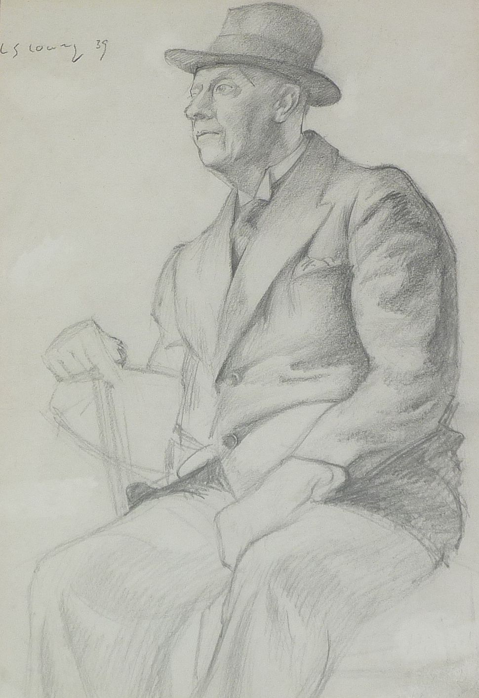 ?ATTRIBUTED TO LOWRY (1887-1976) PENCIL DRAWING Self portrait of the artist seated Signed and dated