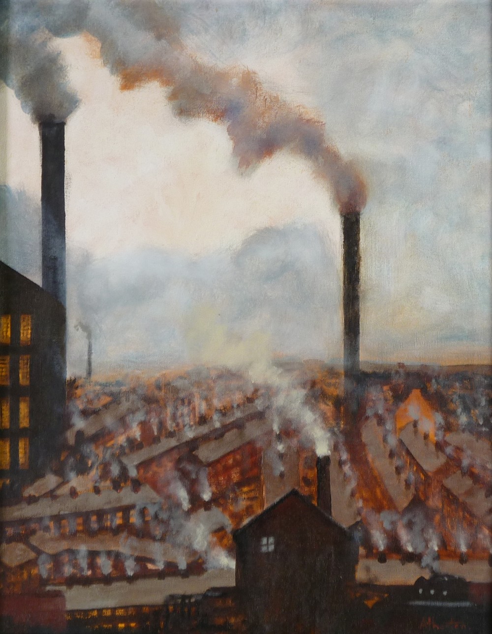 ATHERTON OIL PAINTING ON CANVAS `Smokey Town` Signed 20"" x 16"" (51 x 40.5cm)