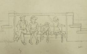 TOM DODSON TWELVE PENCIL SKETCHES Family seated on a promenade bench 10 3/4"" x 15"" (27.5 x 38cm)