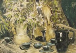 PATRIC STEVENSON P.R.U.A. (1909 - 1983) OIL PAINTING ON BOARD `Still life with violin` signed and