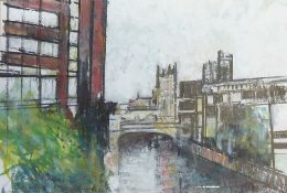 CONSTANCE TAYLOR (b.1937) MIXED MEDIA ""Blackfriars Bridge, Manchester"" Signed and dated 2014