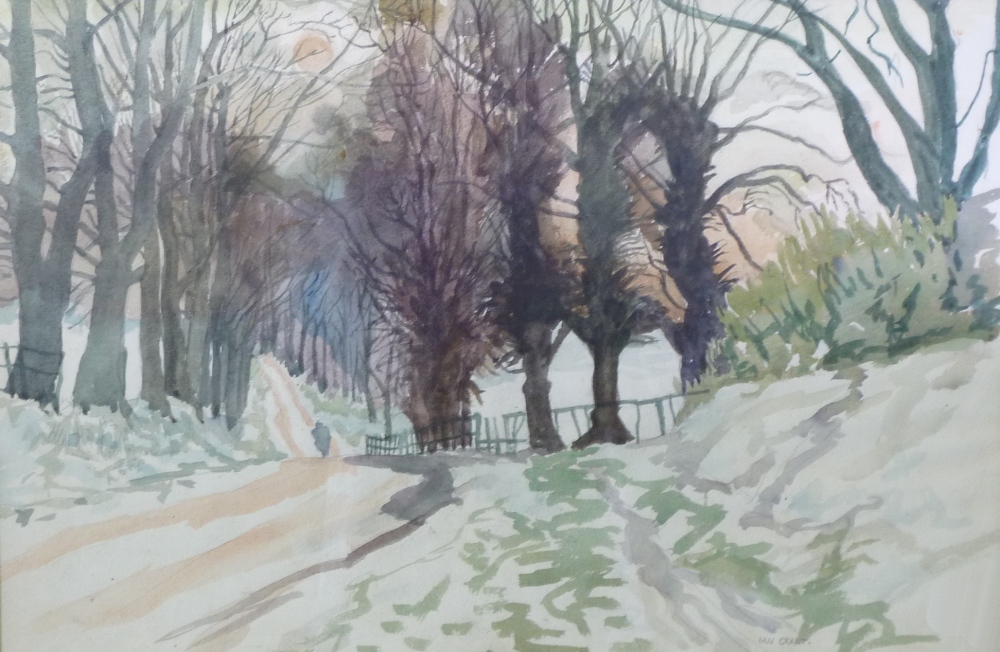 IAN McDONALD GRANT (1904 - 1993) WATERCOLOUR DRAWING Figure on a country road with avenue of trees