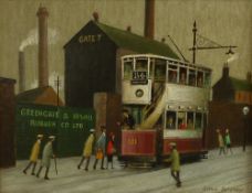 ?ARTHUR DELANEY (1927 - 1987) OIL PAINTING ON BOARD Figures taking a tram outside the `Greengate &