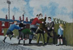 GEORGE MAINWARING OIL ON BOARD Boys playing a street game Signed  11 ½"" x 16 ½"" (29.2cm x 41.9