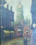 ?ARTHUR DELANEY OIL PAINTING Street scene with trams and figures Signed 13"" x 10"" (33 x 25.5cm)