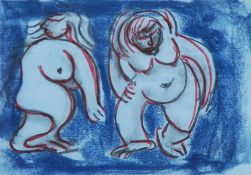 ?JOHN THOMPSON (1924-2011) MIXED MEDIA Two standing nude figures on blue background Signed 8½"" x