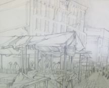 COLIN T JOHNSON PENCIL DRAWING `Shude Hill book market, Manchester` Signed, titled and dated,