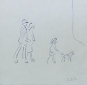 ?LAURENCE STEPHEN LOWRY (1887 - 1976) BALLPOINT PEN DRAWING Family of three walking their dog