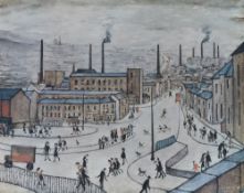 ?L.S. LOWRY (1887 - 1976) ARTIST SIGNED COLOUR PRINT `Huddersfield` Signed and guild stamped, an