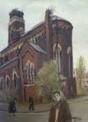 ROGER HAMPSON (1925 - 1996) OIL PAINTING ON BOARD `Derelict Church, Ancoats` Signed; titled and