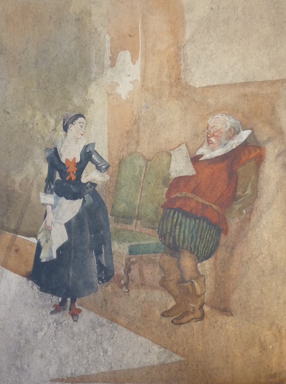 HARRY RUTHERFORD (1903 - 1985) WATER COLOUR DRAWING An actor and actress in period costume (soiled)