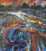 DAVID WILDE (1918-1978) ACRYLIC ON BOARD ""Demolition of the Universal Dye Works; Coloured Test