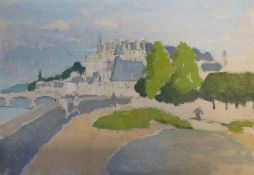 HARRY RUTHERFORD (1903 - 1985) OIL PAINTING ON BOARD French town with river and bridge, park and