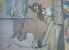 HARRY RUTHERFORD (1903 - 1985) OIL PAINTING ON BOARD Actress seated in dressing room 14 1/2"" x 20