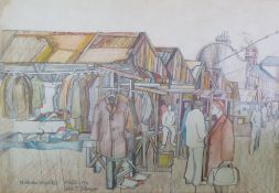 COLIN T JOHNSON PENCIL AND CRAYON `Oldham Market` Signed, titled and dated 16th July 1971 13 1/2""