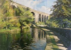 JOHN McCOMBS (B.1943) OIL ON BOARD ""Summer Morning Sunlight, Saddleworth Viaduct"" Signed and