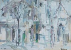 TERRY McGLYNN (1903-1973) GOUACHE DRAWING Figures and tree in a square with church buildings in the