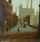 ?ARTHUR DELANEY (1927 - 1987) OIL PAINTING ON BOARD `Manchester Street Scene` with trams, motor