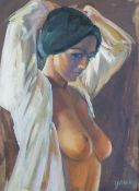 MALCOLM YOUNG (B.1937) OIL ON CANVAS Portrait of a semi-nude lady  Signed  15 ½"" x 11 ½"" (39.4cm