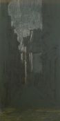 ?HAROLD RILEY (B.1934) INK AND PASTEL DRAWING ON GREY PAPER Street scene  Signed  8 ¾"" x 4 ½"" (