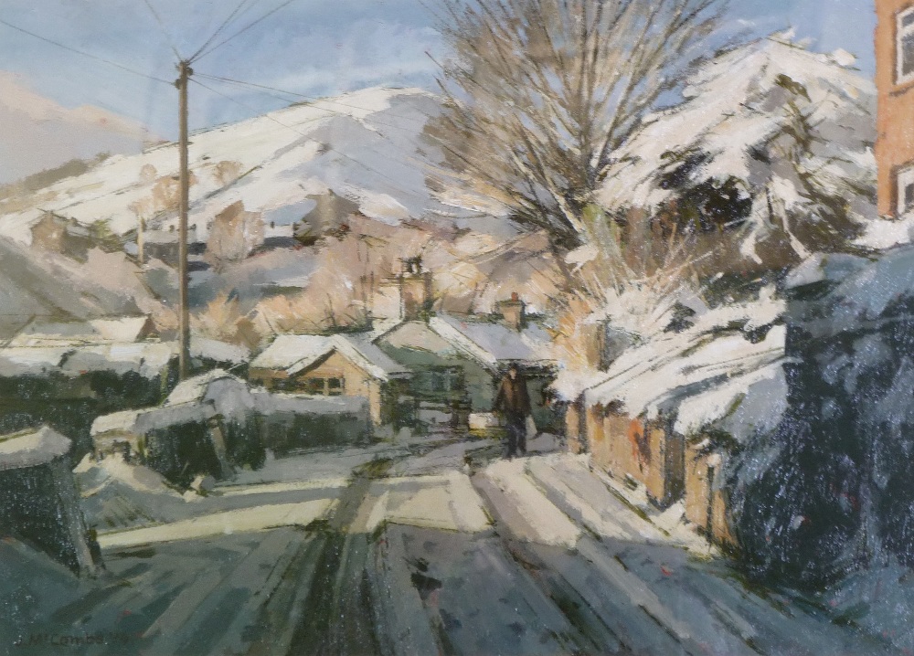 JOHN McCOMBS (B.1943) OIL ON BOARD ""Winter Morning Sunlight, Hill End Road, Delph"" Signed and
