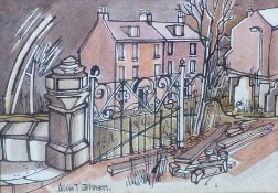 COLIN T JOHNSON PEN AND WASH DRAWING Cemetery with houses in the background Signed 5"" x 7"" (12.5