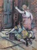 BRIAN NOLAN OIL PAINTING  `Watch it!` Two women cleaning their door steps Signed and titled 9 1/4""