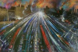 DAVID WILDE (1918-1978) ACRYLIC ON BOARD ""Night Trains"" Signed and titled 25 ¼"" x 17"" (64.1cm x