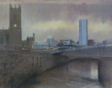 TOM BROWN (B.1933) PASTEL DRAWING Manchester Cathedral and City Singed 16 ¼"" x 20 ½"" (41cm x 52.