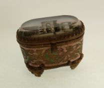 A GILT METAL AND GLASS SMALL PARIS SOUVENIR TRINKET BOX, the glazed lid painted and inlaid with