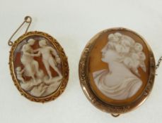 A CARVED CAMEO WITH MYTHOLOGICAL SCENE, IN GOLD METAL FILIGREE FRAME, 1 ½" (3.2cm) long, AND ANOTHER