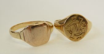 A GENT`S 9CT GOLD SIGNET RING, with initial engraving, Birmingham 1938, AND A PLAIN STAMPED 9CT GOLD