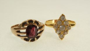 A 9CT GOLD RING, SET WITH A CUSHION CUT GARNET, AND A RING WITH LOZENGE SHAPED TOP SET WITH WHITE