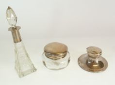 A SILVER LIDDED GLASS POWDER BOWL, Chester 1912, A CUT GLASS PERFUME BOTTLE, pyramid form, with