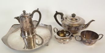 AN ART DECO ELECTROPLATED TEA POT, with reeded cover and angular black wood handle and finial, AN