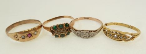 FOUR DIAMOND AND GEM SET RINGS, viz; A STAMPED 9CT GOLD RING ILLUSTION SET WITH THREE MELEE