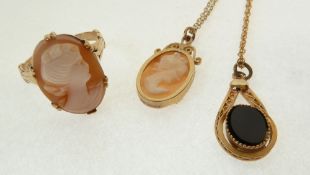 A 9CT GOLD CARVED SHELL CAMEO RING, A CARVED SHELL CAMEO PENDANT ON FINE CHAIN NECKLACE AND A