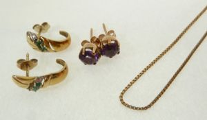 A PAIR OF AMETHYST EARRINGS, A PAIR OF 9CT GOLD, EMARALD AND DIAMOND EARRINGS, AND A 9CT GOLD