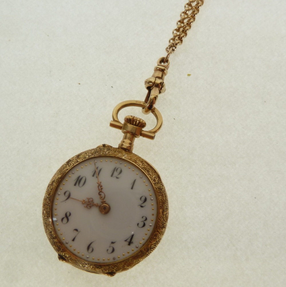 AN EARLY TWENTIETH CENTURY SWISS 18ct GOLD CASED LADY`S KEYLESS FOB WATCH, with chased case and