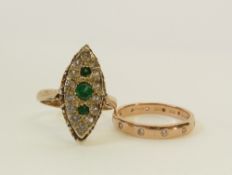 AN ANTIQUE STYLE 9CT GOLD GEM SET RING, the marquise set top with three graduated green stones and