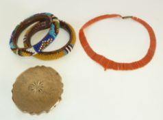 A GRADUATED CORAL FRINGE NECKLACE, A CORAL BRANCH AND BEAD NECKLACE, TWO BEADED BANGLES, A MICRO-