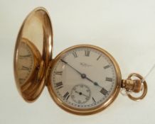 A WALTHAM, USA, 9CT GOLD CASED HUNTER POCKET WATCH, keyless movement, white roman dial with