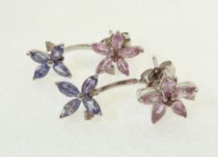 A PAIR OF 18CT WHITE GOLD, TANZANITE, PINK SAPPHIRE AND DIAMOND ADAPTABLE EARRINGS, the five stone