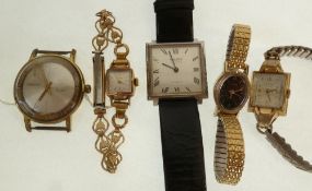 LADY`S WALTHAM 9CT GOLD CASED WRIST WATCH, 17 jewel movement, square silvered dial with batons, in