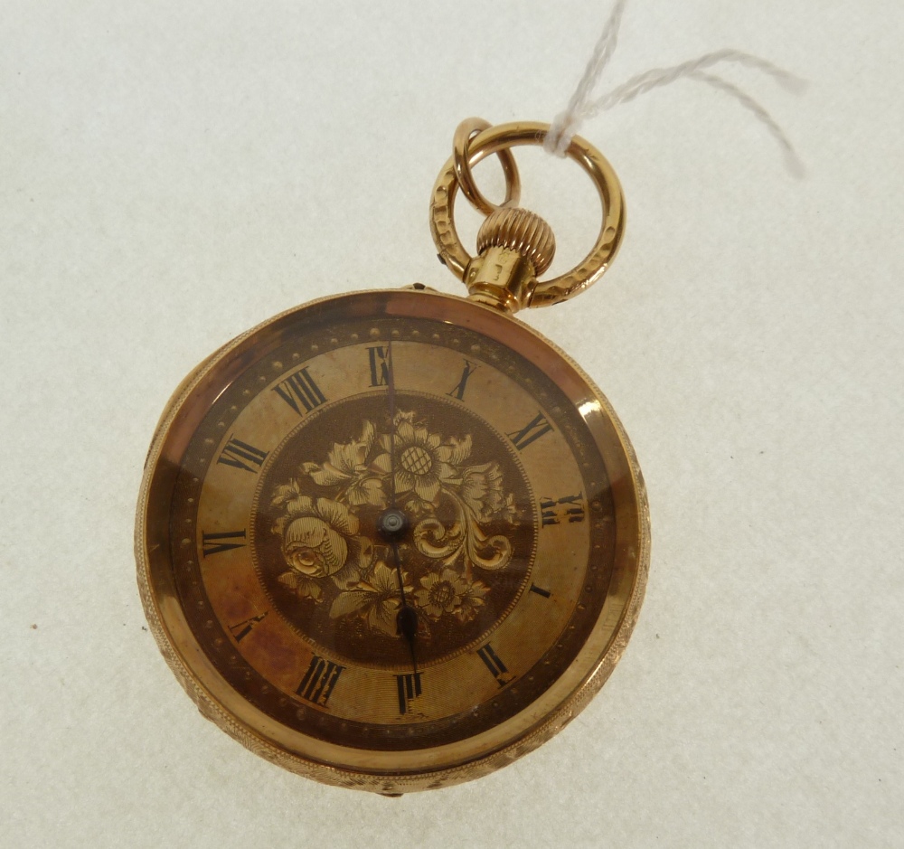 AN EARLY 1900`s SWISS 18ct GOLD CASED OPEN FACE KEYLESS LADY`S FOB WATCH, with chased case and