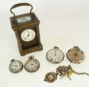 TWO SILVER CASED OPEN FACED POCKET WATCHES, key wind movements, A SILVER WATCH ALBERT WITH SILVER