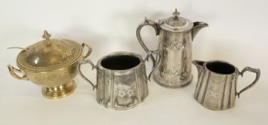 THREE PIECE ELECTROPLATED TEA SET by Walker and Hall, of oval tapering form, TOGETHER with an