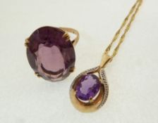 AN AMETHYST SET GOLD PENDANT ON CHAIN AND A 9CT GOLD PURPLE PASTE SET RING, 9.7g gross (2)