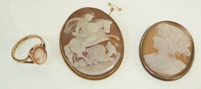 A CARVED SHELL CAMEO BROOCH, DEPICTING ST. GEORGE AND THE DRAGON, IN 9CT GOLD FRAME, 2" (5.1cm)